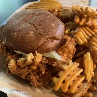 Hot Honey Chicken Sandwich w/side of waffle fries (extra).
