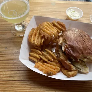 Original fried chicken sandwich and waffle fries! Plus a baby cider