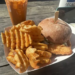 Hot honey sandwich and waffle fries