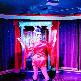 a woman in a red dress