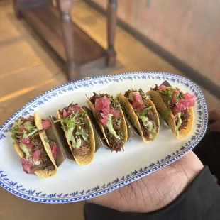 a hand holding a plate of tacos