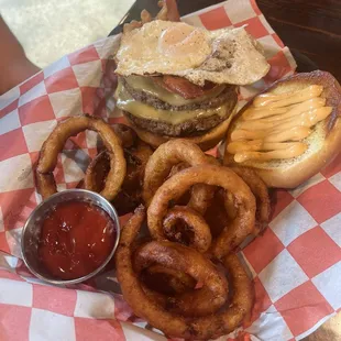The Raptor (double burger $15) With Onion Rings