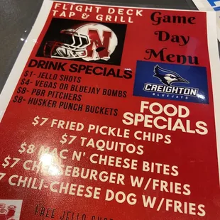 Specials menu for nebraska game day