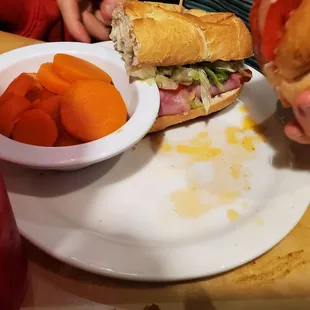 a sandwich and carrots on a plate