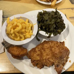 chicken, macaroni and cheese and greens