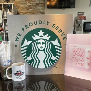 Check it out we now proudly serve Starbucks