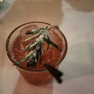 a drink with a sprig of rosemary