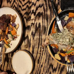 Pork chops with roasted house vegetables &amp; Rosemary herb chicken with roasted house vegetables.