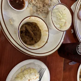 Pulled chicken meal with cowboy beans, coleslaw and coconut cream pie