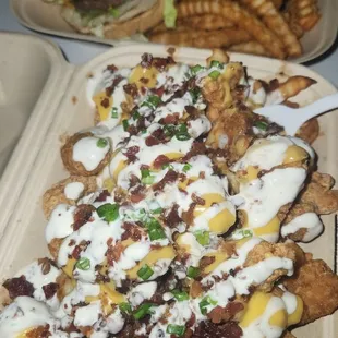 Chicken and Ranch Loaded fries and a cheese burger
