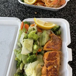 Salmon with seasonal veggies and fried rice
