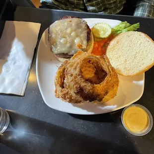 &quot;Say Cheese&quot; Burger* with cheddar and Onion Rings