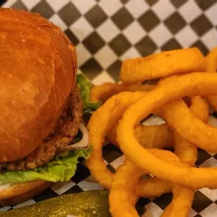 a burger and onion rings