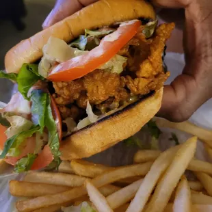 a chicken sandwich and french fries