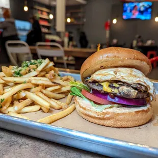 egg, mushroom cheese burger $11, garlic fries $5