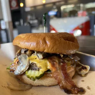 Flippin Burger with bacon and mushrooms
