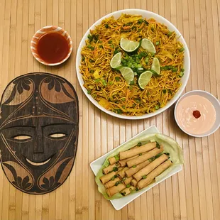  a plate of food and a mask