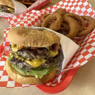 Double bacon cheese burger and onion rings