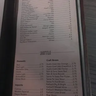 a list of drinks