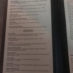 the menu and prices
