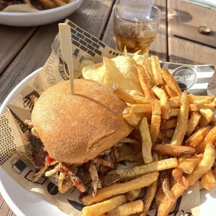 Meatloaf burger with 1/2 chips and 1/2 fries. Mmmm mmmm