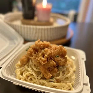 Coconut Cream Linguine with Fried Shrimp from Golden Triangle