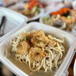 Coconut Cream Linguine with Fried Shrimp // Golden Triangle