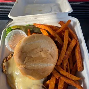 Chicken sandwich with sweet potato fries.