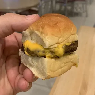 a hand holding a cheeseburger