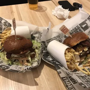 Blue burger and turkey burger with garlic fries