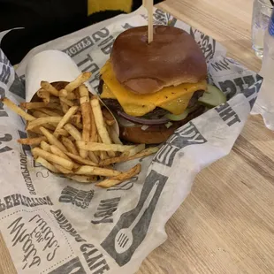 Flipt burger with cheddar and fries
