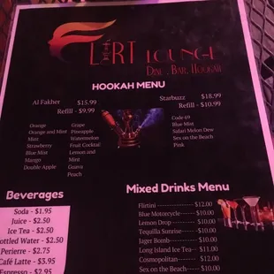 the menu for the drink