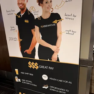 1 of the benefits listed is great pay, but the server said she only gets $2.13 per hour.