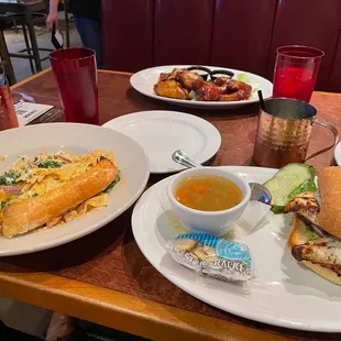 Chicken Club Sandwich   w/side soup   Farfalle Al Pesto   Teriyaki and Buffalo Wings   Drinks: Kettle Mules