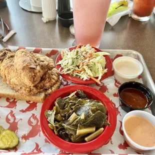 Fried Chicken, Slaw, and Greens.