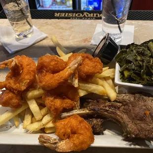 Lamb chops &amp; shrimp with greens and fries