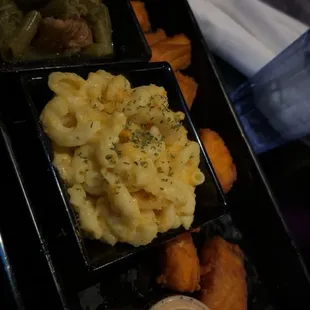 Salmon bites, green beans, and macaroni and cheese