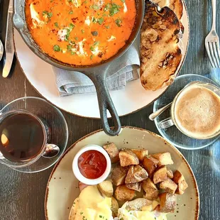 Shakshuka and eggs Benedict