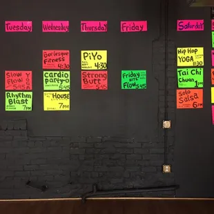 Class schedule posted on the wall.