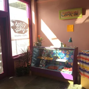 Bright and cozy check-in area.
