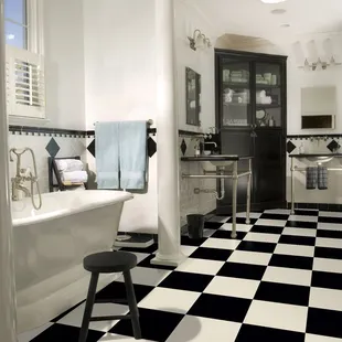 a black and white checkered floor
