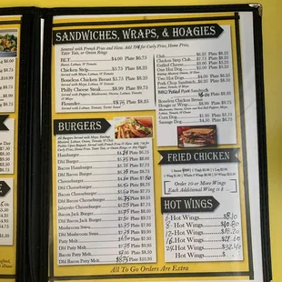 a menu for sandwiches wraps and hoagies