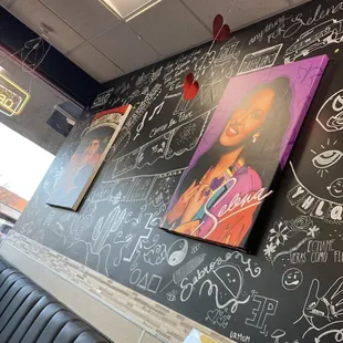 a blackboard wall with chalk drawings