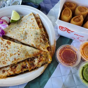 Steak quesadilla and veggie spring rolls