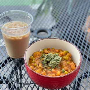 Vegan House Curry and iced latte
