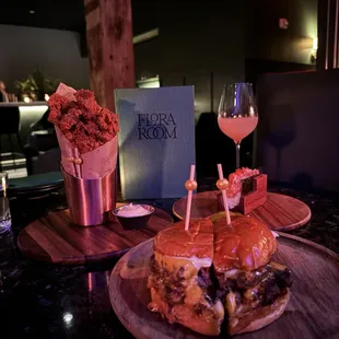 Burger, popcorn chicken, cocktail