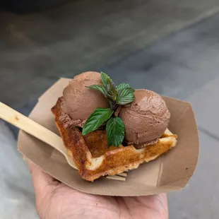 TCHO chocolate hazelnut gelato on a waffle