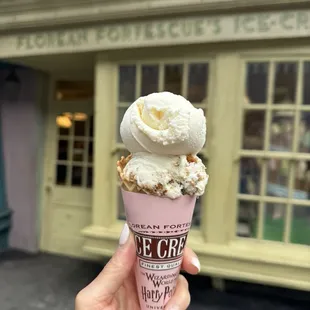 Lavender earl grey and sticky toffee pudding scoops on waffle cone