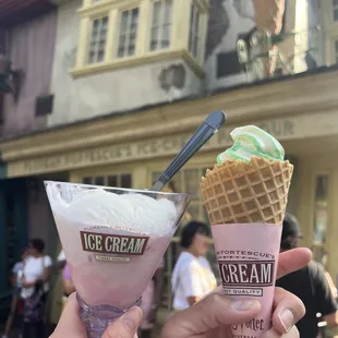Earl grey and strawberry peanut butter ice cream  Pistachio soft serve