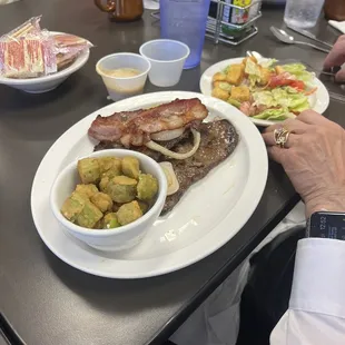 Liver one onions with fried okra, yum!